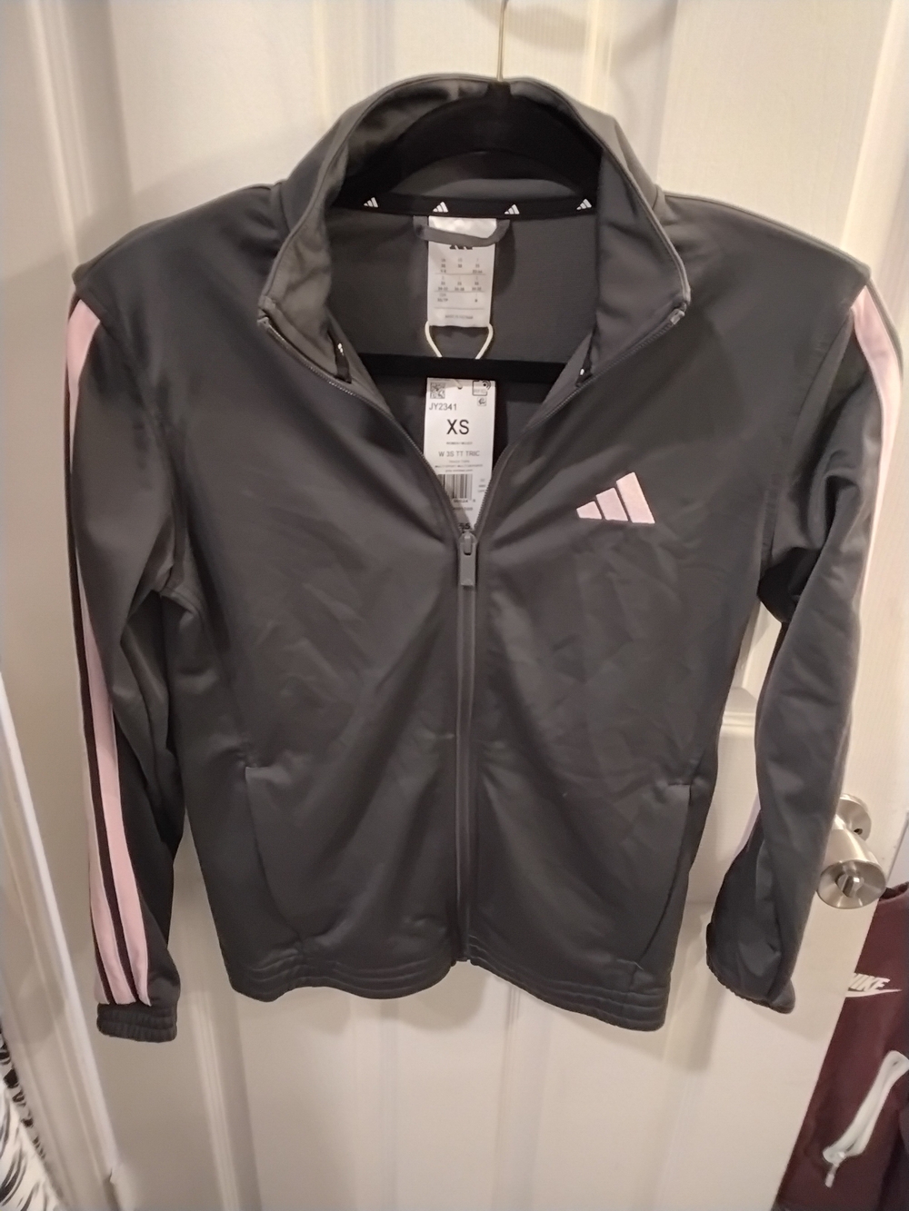 adidas Women's Gray Bomber Jacket with Pink Stripes